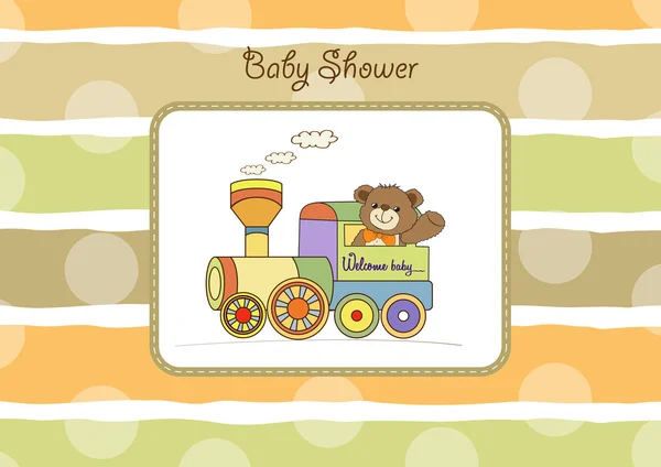 Baby shower card z pluszowym miśkiem i zabawką pociągu — Zdjęcie stockowe