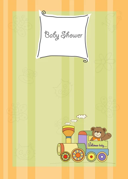 Baby shower card z pluszowym miśkiem i zabawką pociągu — Zdjęcie stockowe