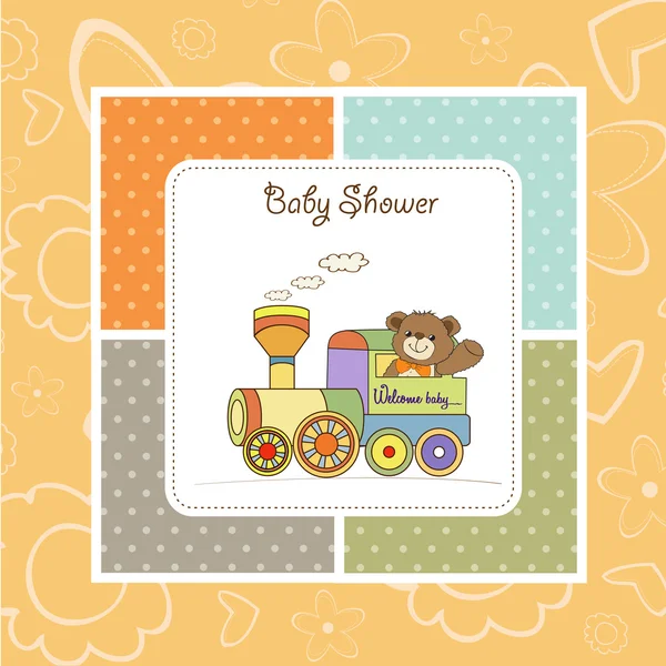 Baby shower card z pluszowym miśkiem i zabawką pociągu — Zdjęcie stockowe