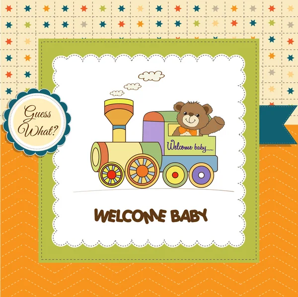 Baby shower card z pluszowym miśkiem i zabawką pociągu — Zdjęcie stockowe