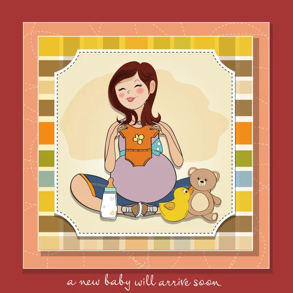 Happy pregnant woman, baby shower card — Stock Photo, Image