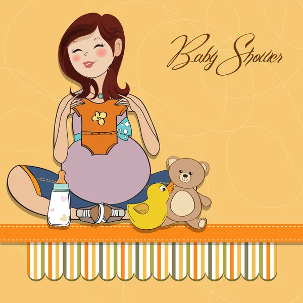 Happy pregnant woman, baby shower card — Stock Photo, Image