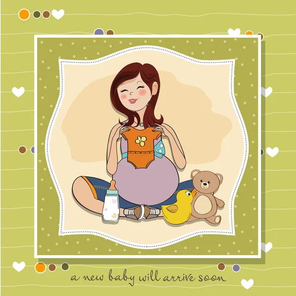 Happy pregnant woman, baby shower card — Stock Photo, Image