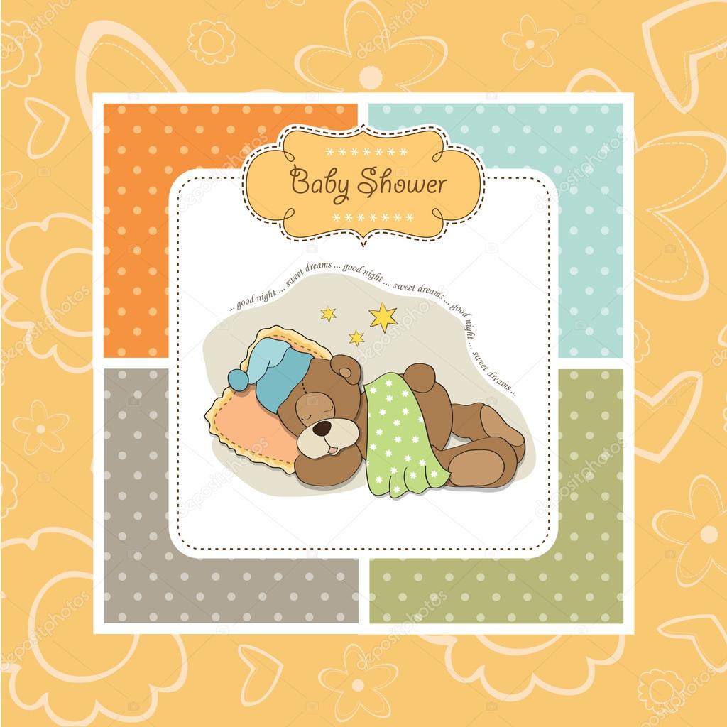 Baby shower card with sleeping teddy bear