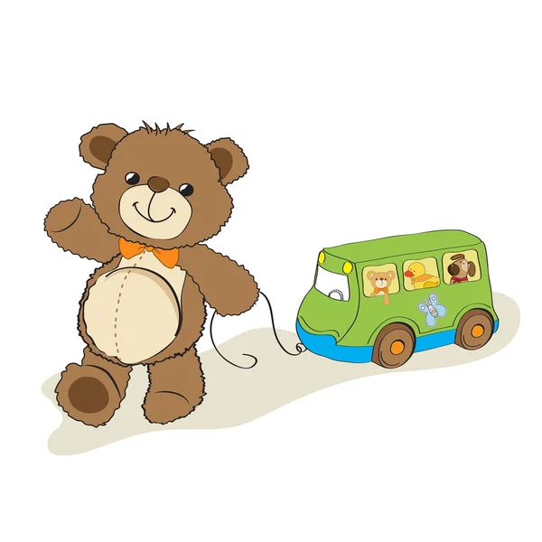 Teddy bear toy pulling a bus — Stock Photo, Image