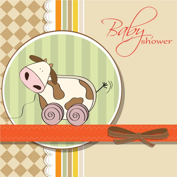Tarjeta de ducha de bebé con lindo juguete de vaca — Foto de Stock