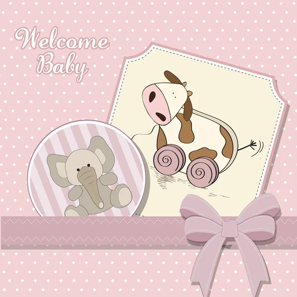 Cartão de banho de bebê com brinquedo de vaca bonito — Fotografia de Stock