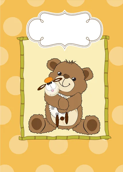Childish greeting card with teddy bear and his toy — Stock Photo, Image