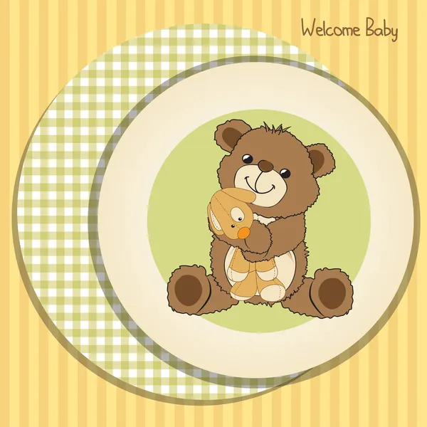 Baby shower card with teddy bear and his toy — Stock Photo, Image