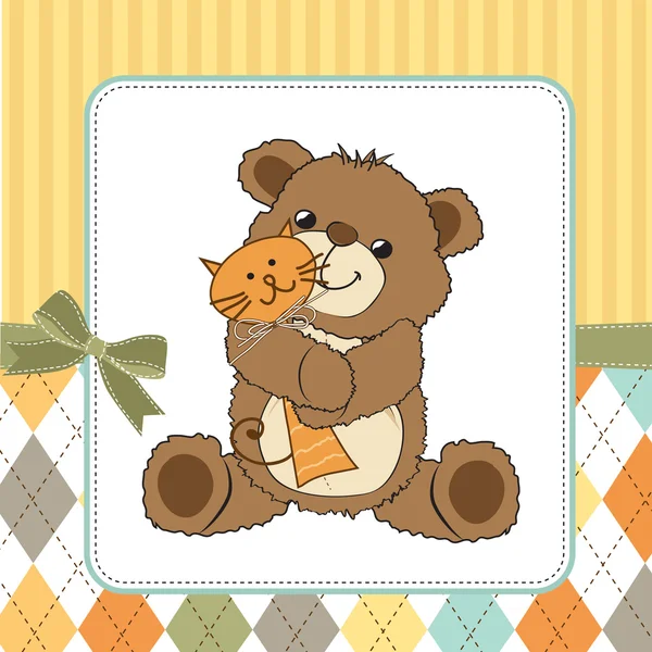 Childish greeting card with teddy bear and his toy — Stock Photo, Image