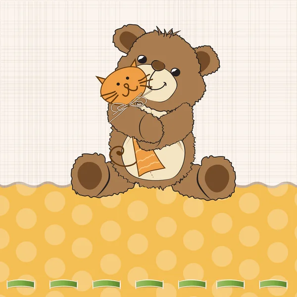 Дитяча листівка з плюшевим ведмедем та його іграшкою — стокове фото