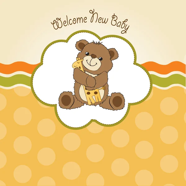 Cartão de banho de bebê com ursinho e seu brinquedo — Fotografia de Stock