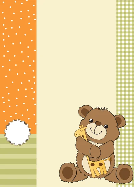 Childish greeting card with teddy bear and his toy — Stock Photo, Image