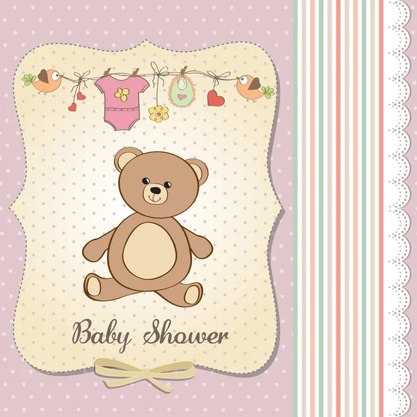 ロマンチックな赤ちゃんの女の子の発表カードとともにテディベア — ストック写真