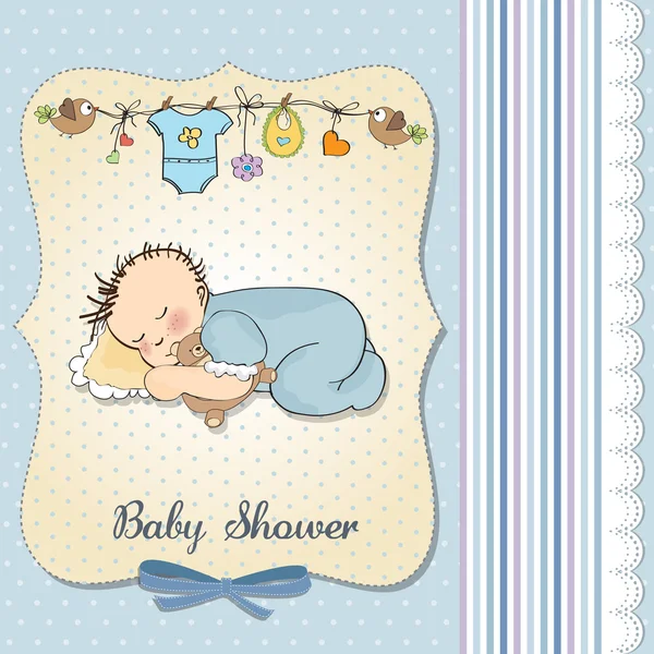 Baby shower card with little baby boy sleep with his teddy bear — Stock Photo, Image