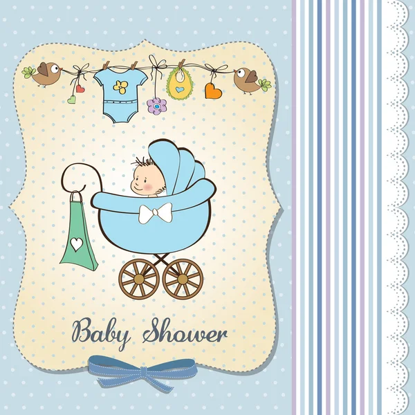 Baby boy announcement card with baby and pram — Stock Photo, Image