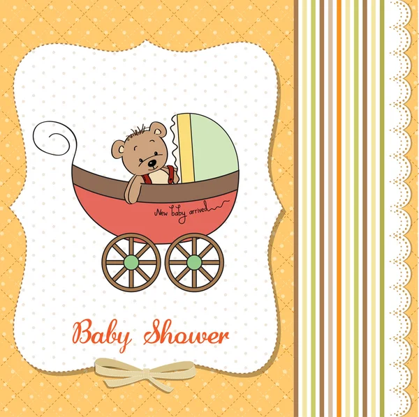 Funny teddy bear in stroller, baby announcement card — Stock Photo, Image