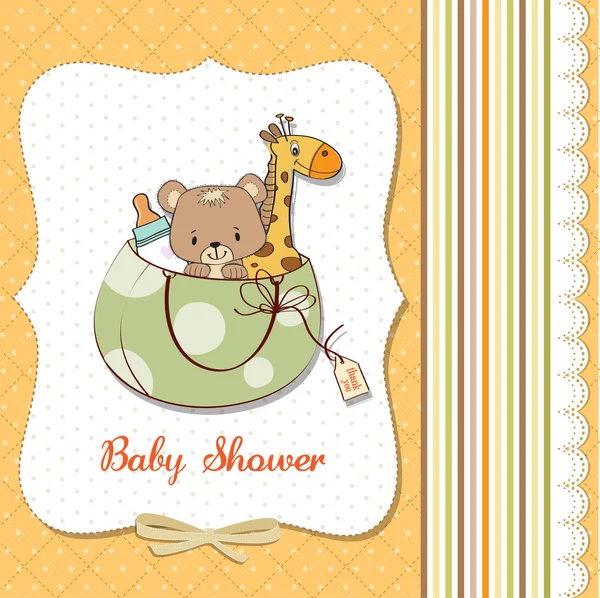 Nueva tarjeta de anuncio del bebé con el bolso y los mismos juguetes —  Fotos de Stock