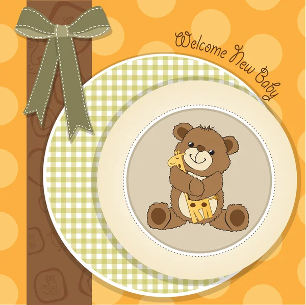 Baby shower card with teddy bear and his toy — Stock Photo, Image