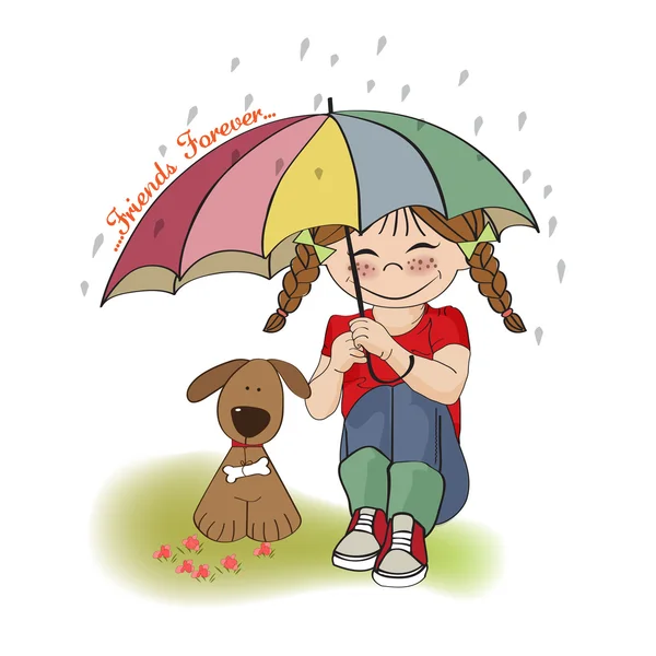 Jovem menina bonita e seu cão, cartão de amizade — Fotografia de Stock