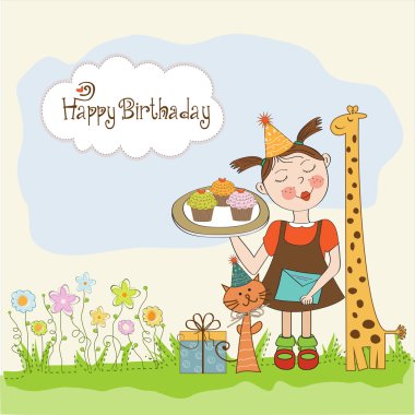 mutlu doğum günü kartı ile kız, hayvanlar ve cupcakes