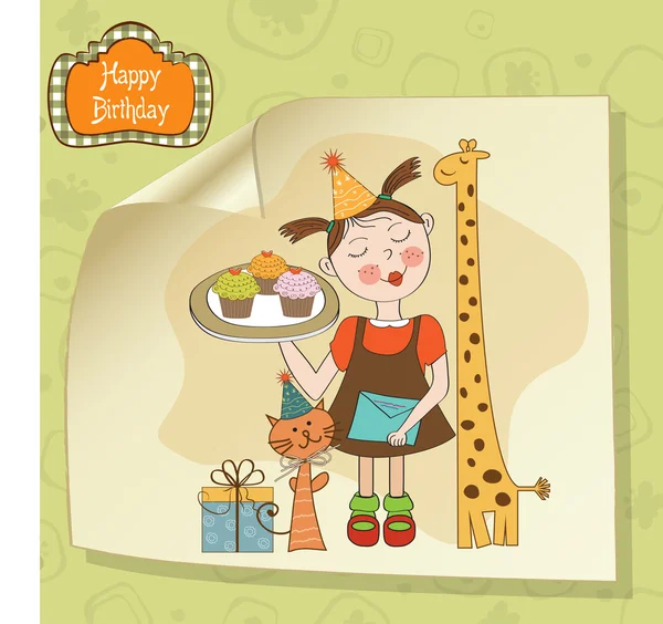 Zadowolony urodziny karty z zabawna dziewczyna, zwierzęta i babeczki — Zdjęcie stockowe