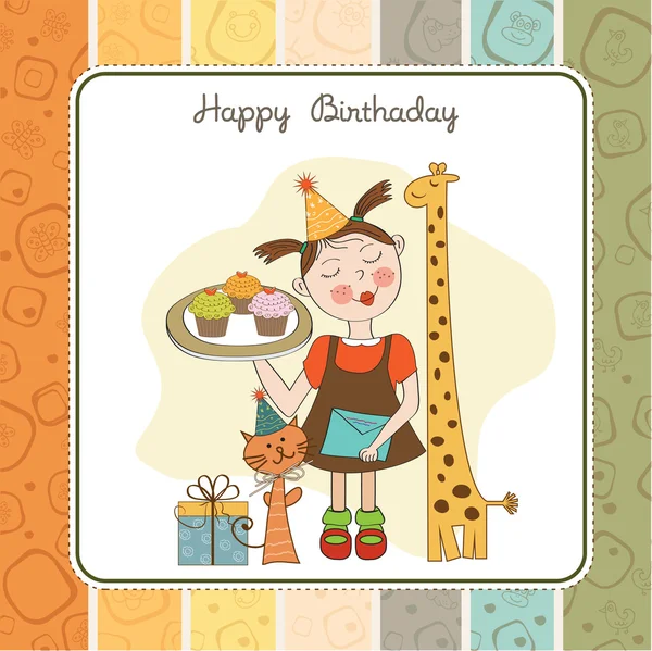 Tarjeta de cumpleaños feliz con chica divertida, animales y cupcakes —  Fotos de Stock