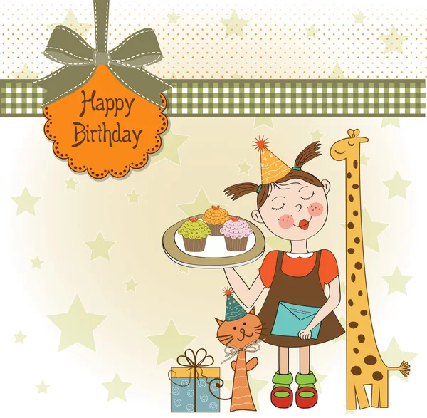 Tarjeta de cumpleaños feliz con chica divertida, animales y cupcakes — Foto de Stock