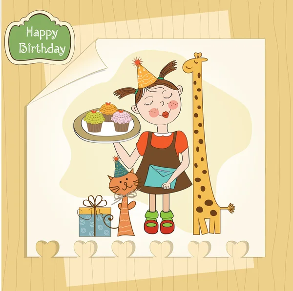 Gelukkige verjaardagskaart met grappige meisje, dieren en cakejes — Stockfoto