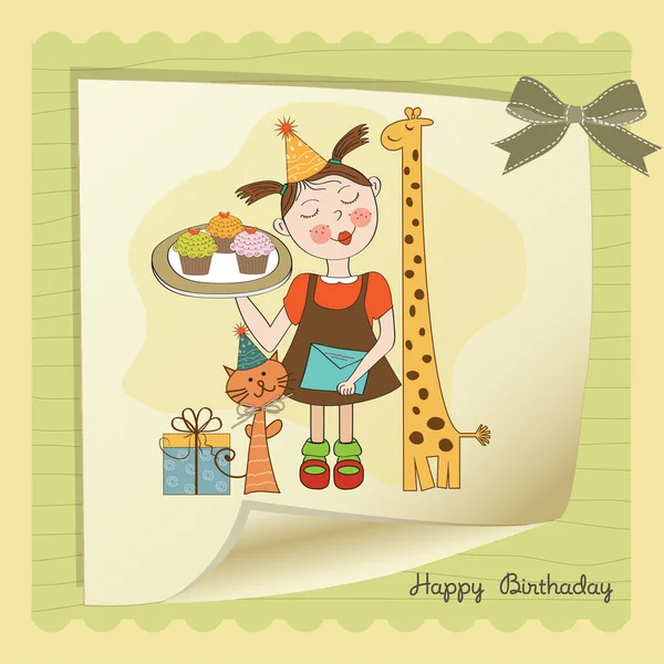 Tarjeta de cumpleaños feliz con chica divertida, animales y cupcakes —  Fotos de Stock