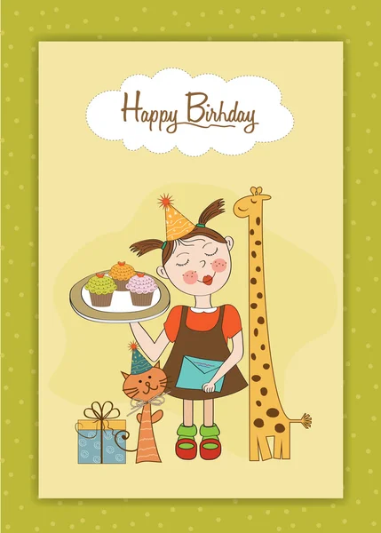 Tarjeta de cumpleaños feliz con chica divertida, animales y cupcakes — Foto de Stock