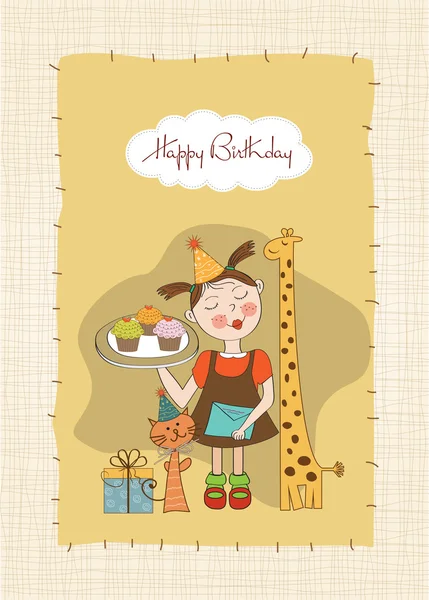 Happy Birthday card with funny girl, animals and cupcakes — Stock Photo, Image