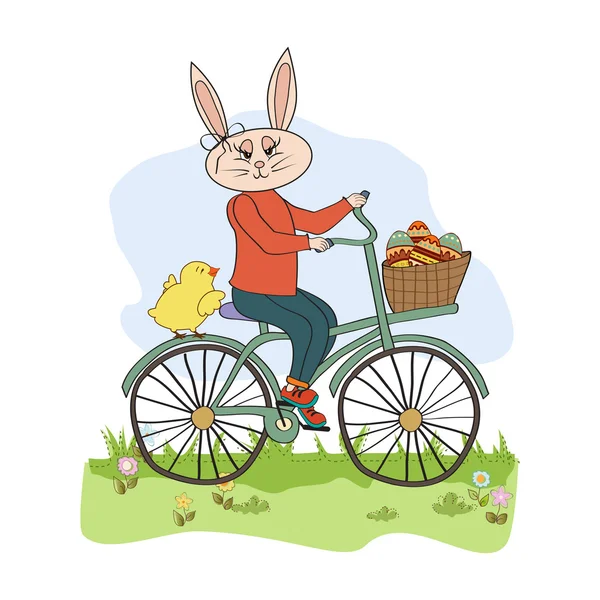 Conejo de Pascua con una cesta de huevos de Pascua — Foto de Stock