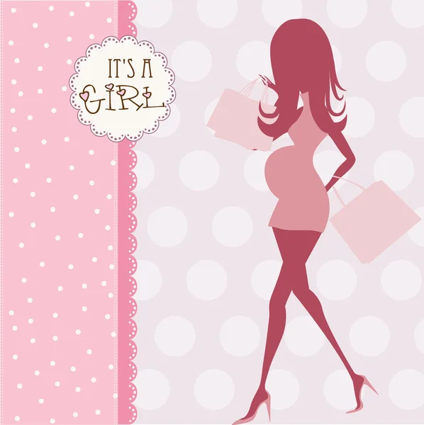 Baby announcement card with beautiful pregnant woman on shopping — Stock Photo, Image