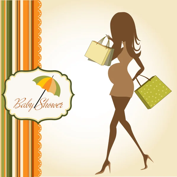 Baby announcement card with beautiful pregnant woman on shopping — Stock Photo, Image