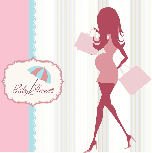 Carte d'annonce de bébé avec belle femme enceinte sur le shopping — Photo