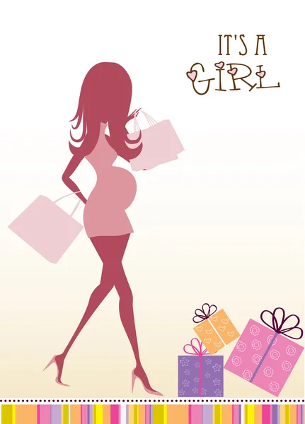 Baby-Ankündigungskarte mit schöner schwangerer Frau beim Einkaufen — Stockfoto