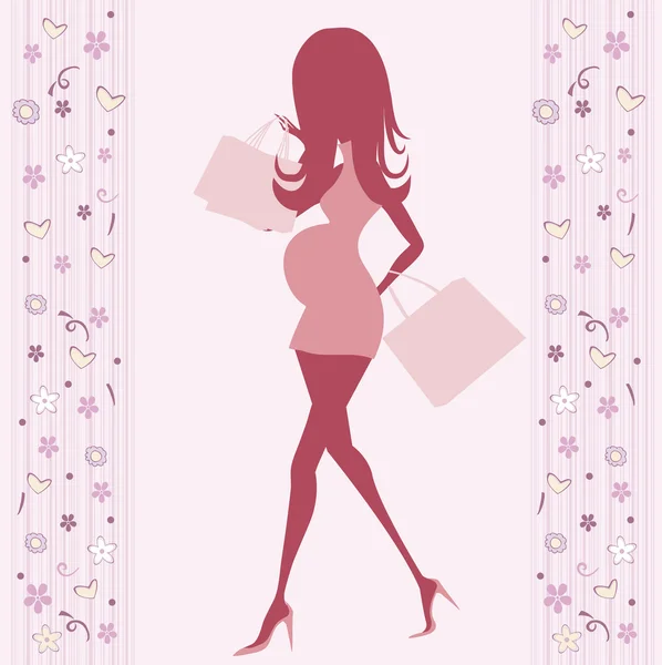 Baby announcement card with beautiful pregnant woman on shopping — Stock Photo, Image