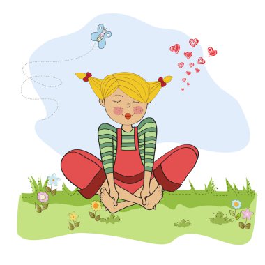romantik kız çıplak ayakla çimenlere oturmuş