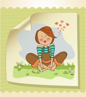 romantik kız çıplak ayakla çimenlere oturmuş