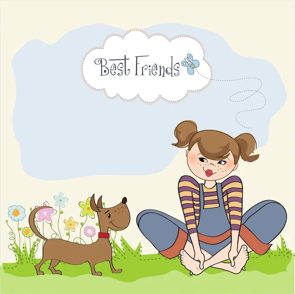 Chica romántica sentada descalza en la hierba con su lindo perro —  Fotos de Stock