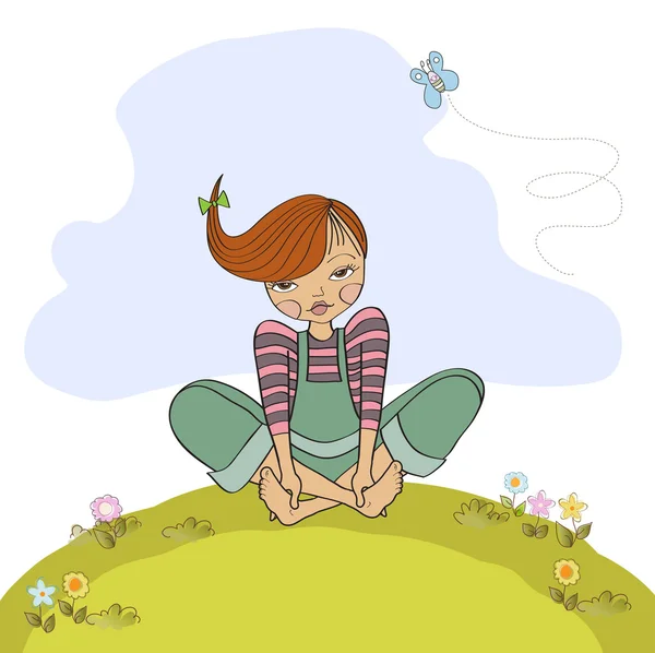 Romantyczne dziewczynka boso siedzi w trawie — Zdjęcie stockowe