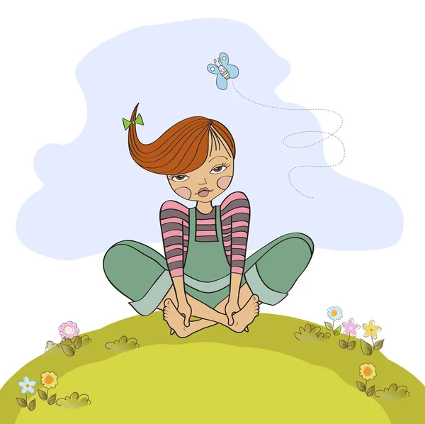 Romantická dívka sedící naboso v trávě — Stock fotografie