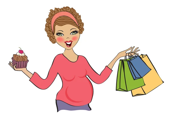 Happy pregnant woman at shopping, isolated on white background — Stock Photo, Image