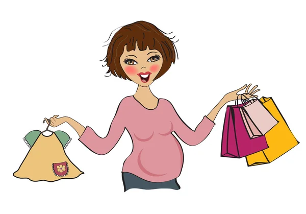 Happy pregnant woman at shopping, isolated on white background — Stock Photo, Image