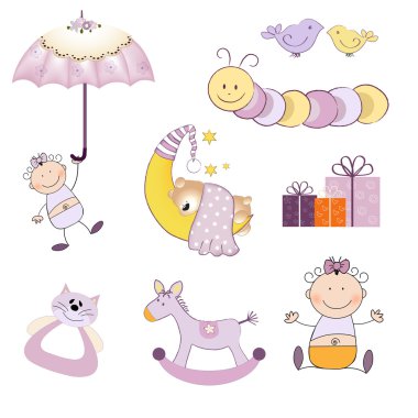 Bebek kız öğeleri üzerinde izole beyaz arka plan ayarlamak