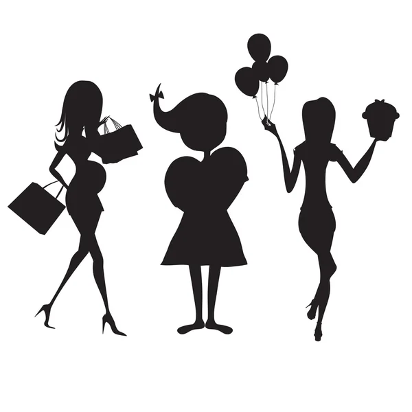 Set of three girls silhouettes at birthday party isolated on whi — Stock Photo, Image