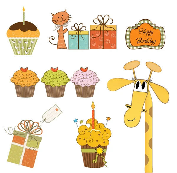 Set cupcake en andere bithday items geïsoleerd op witte backgro — Stockfoto