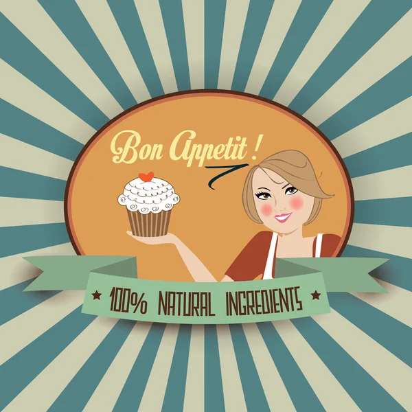 Retro wife illustration with bon appetit message — Stock Photo, Image