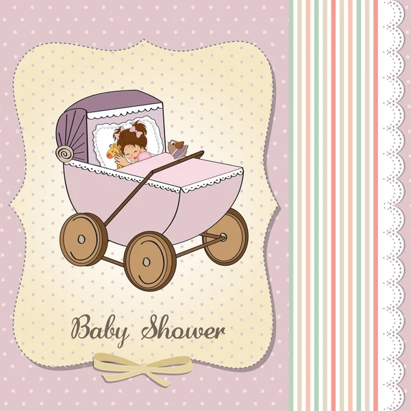 De kaart van de douche van baby meisje met retro strolller — Stockfoto